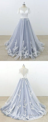 Blue Gray Tulle Ivory Lace Short Sleeve Beach Wedding Dress, Long Pageant Prom Dress